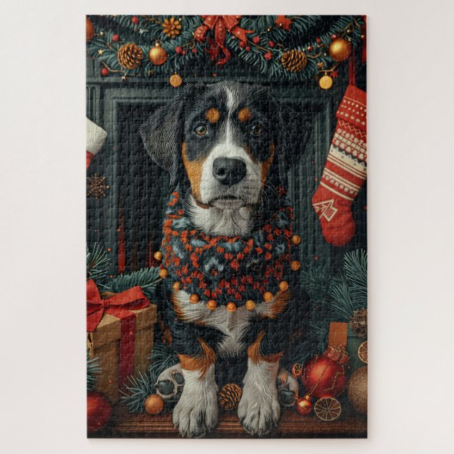 Bluetick Coonhound mit Weihnachtsgeschenken Feuerp Puzzle (Vertikal)