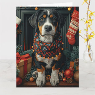 Bluetick Coonhound mit Weihnachtsgeschenken Kamin Karte