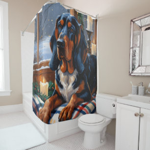 Bluetick Coonhound mit Weihnachtslichtern Feiertag Duschvorhang