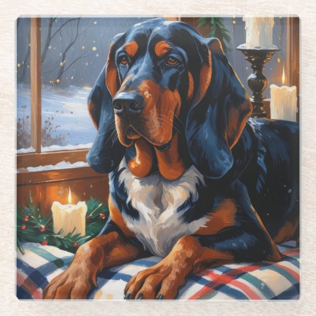 Bluetick Coonhound mit Weihnachtslichtern Feiertag Glasuntersetzer (Vorderseite)