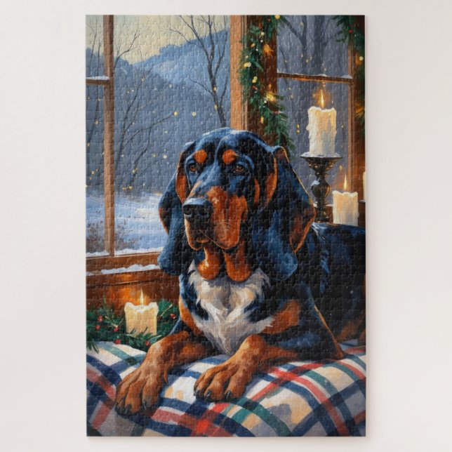 Bluetick Coonhound mit Weihnachtslichtern Feiertag Puzzle (Vertikal)