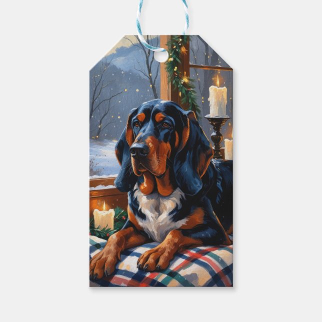Bluetick Coonhound mit Weihnachtslichtern Urlaub Geschenkanhänger (Vorderseite)