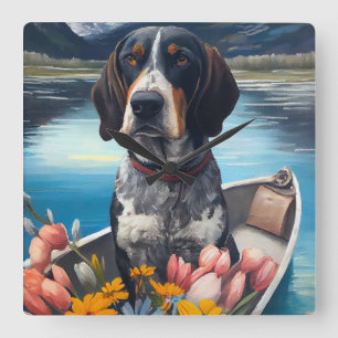 Bluetick Coonhound on a Paddle: Ein Landschaftlich Quadratische Wanduhr