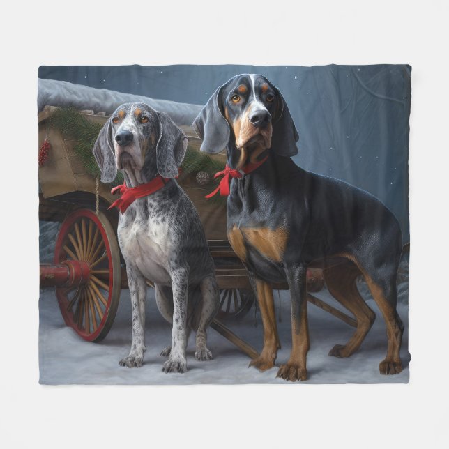Bluetick Coonhound Snowy Sleigh Weihnachtsdekor Fleecedecke (Vorderseite (Horizontal))