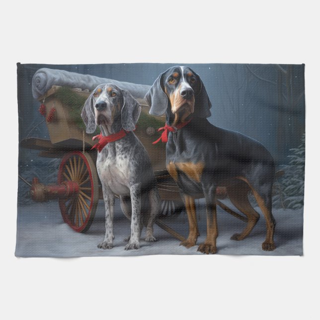 Bluetick Coonhound Snowy Sleigh Weihnachtsdekor Geschirrtuch (Horizontal)