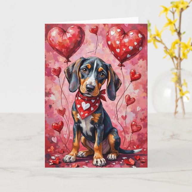 Bluetick Coonhound Valentinstag Hund sitzend Karte (Gelbe Blume)