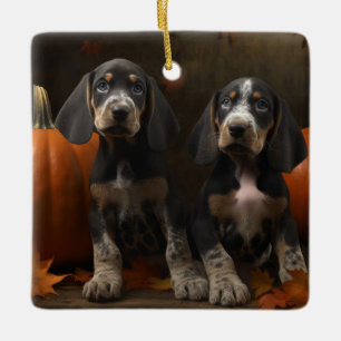 Bluetick Coonhound-Welpe Herbstfreude Kürbis Keramikornament