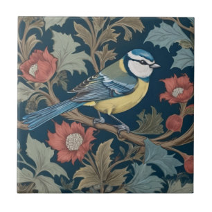 Bluetit William Morris Style Right Bird Blue Tit Fliese