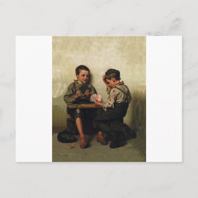 Bluffing ~ Schuhputzboys Poker spielen (1885) Postkarte (Vorderseite)