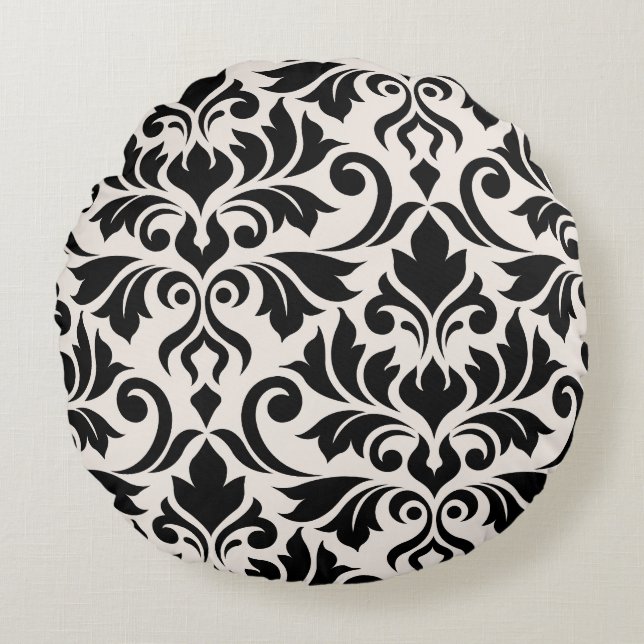 Blüh Damask Art. I 2Way Black + Cream Rundes Kissen (Vorderseite)