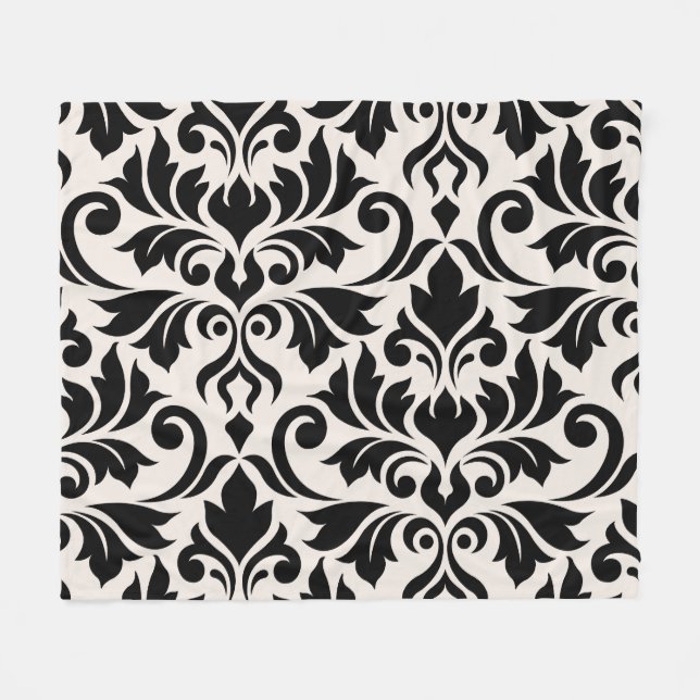 Blüh Damask Art I Black on Cream Fleecedecke (Vorderseite (Horizontal))