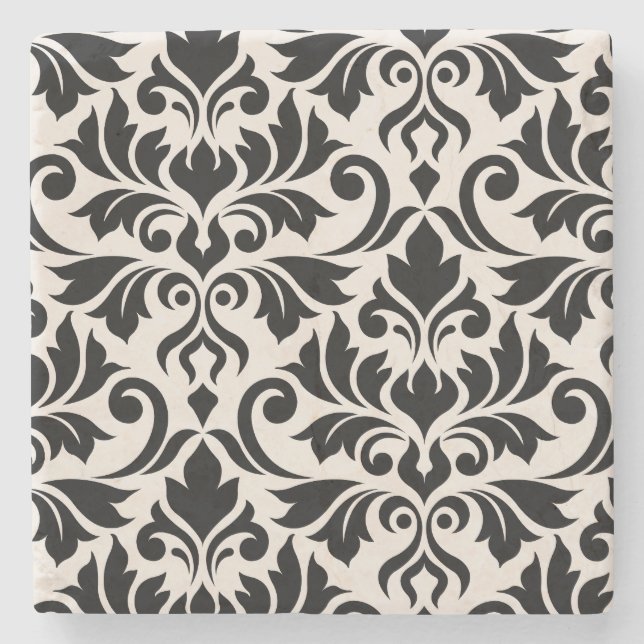 Blüh Damask Art I Black on Cream Steinuntersetzer (Vorderseite)
