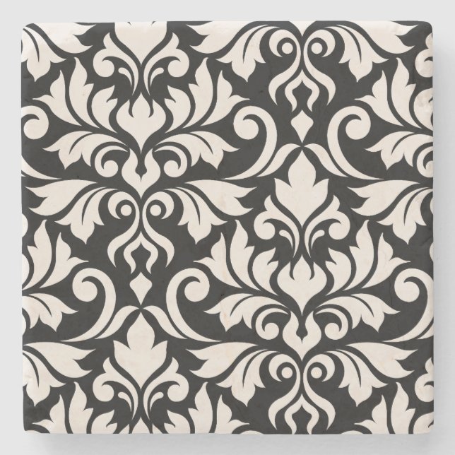 Blüh Damask Art I Cream on Black Steinuntersetzer (Vorderseite)