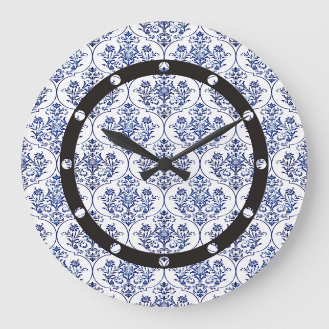 Blüh Damask Muster - blau Große Wanduhr (Vorderseite)