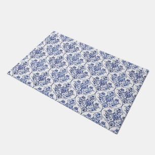 Blüh Damask Muster - blau + Ihre Idee Fußmatte