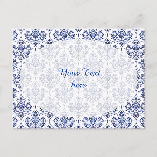 Blüh Damask Muster - blau Postkarte (Vorderseite)