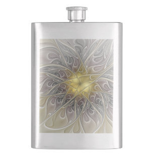 Blüh mit Gold Moderne Abstrakte Fraktal Blume Flachmann