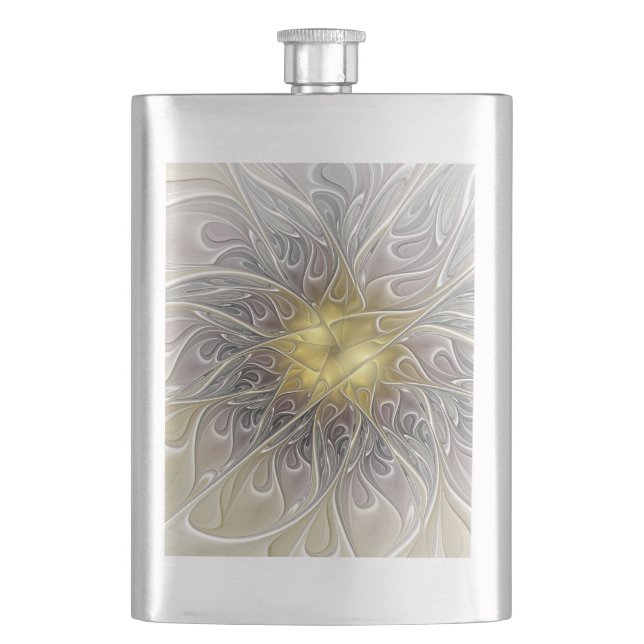 Blüh mit Gold Moderne Abstrakte Fraktal Blume Flachmann (Vorderseite)