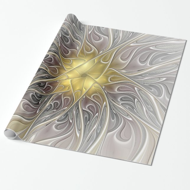 Blüh mit Gold Moderne Abstrakte Fraktal Blume Geschenkpapier (Ungerollt)