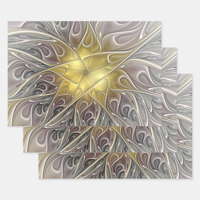 Blüh mit Gold Moderne Abstrakte Fraktal Blume Geschenkpapier Set (Set)