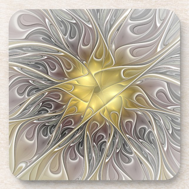 Blüh mit Gold Moderne Abstrakte Fraktal Blume Getränkeuntersetzer (Vorderseite)