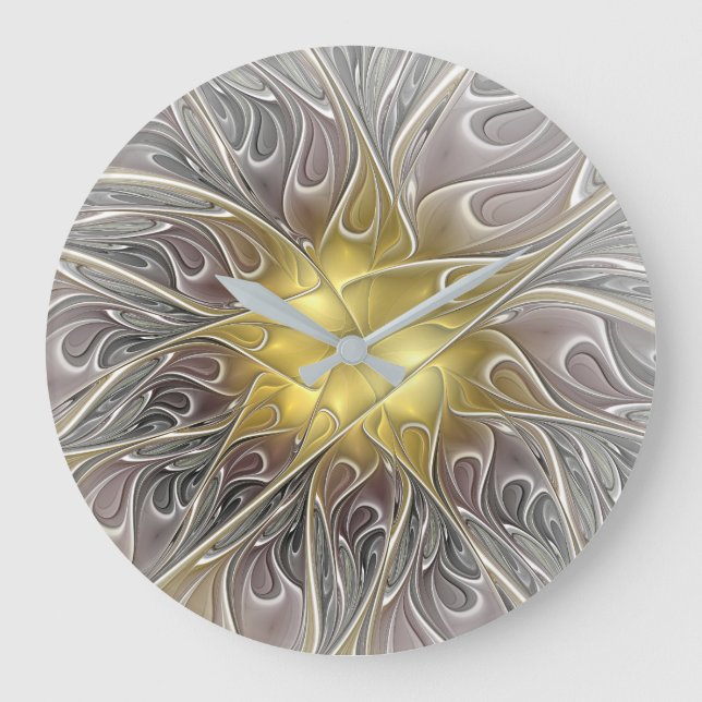 Blüh mit Gold Moderne Abstrakte Fraktal Blume Große Wanduhr (Vorderseite)