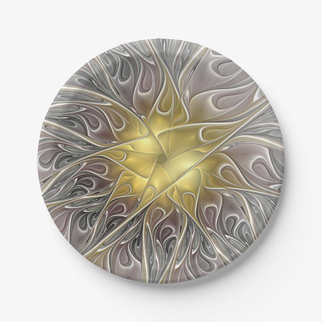 Blüh mit Gold Moderne Abstrakte Fraktal Blume Pappteller (Vorderseite)