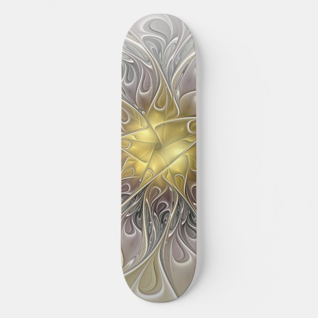Blüh mit Gold Moderne Abstrakte Fraktal Blume Skateboard (Vorderseite)