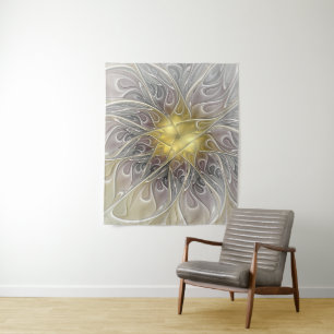 Blüh mit Gold Moderne Abstrakte Fraktal Blume Wandteppich