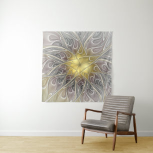 Blüh mit Gold Moderne Abstrakte Fraktal Blume Wandteppich