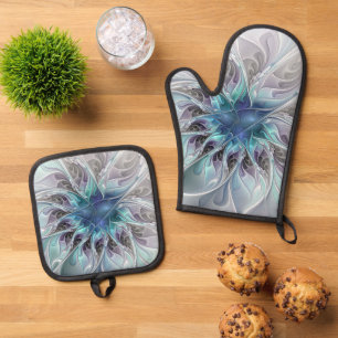 Blühen abstrakte moderne fraktale Blume mit Blau Ofenhandschuh & Topflappen-Set