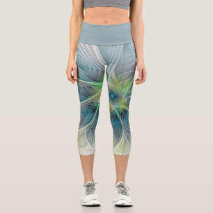 Blühen Fantasy Modern Blue Green Fraktal Blume Capri Leggings