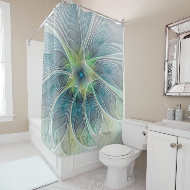 Blühen Fantasy Modern Blue Green Fraktal Blume Duschvorhang (Beispiel)