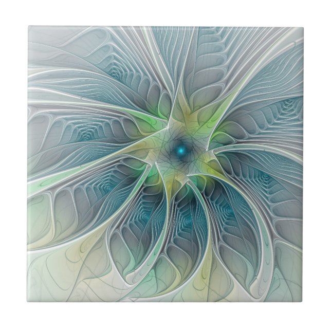 Blühen Fantasy Modern Blue Green Fraktal Blume Fliese (Vorderseite)