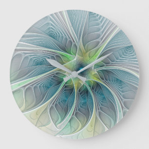 Blühen Fantasy Modern Blue Green Fraktal Blume Große Wanduhr
