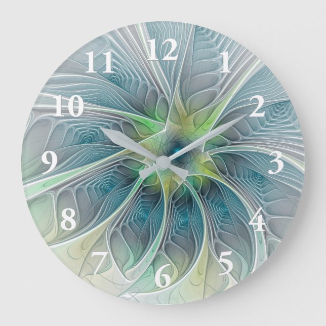 Blühen Fantasy Modern Blue Green Fraktal Blume Große Wanduhr (Vorderseite)