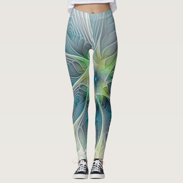 Blühen Fantasy Modern Blue Green Fraktal Blume Leggings (Vorderseite)