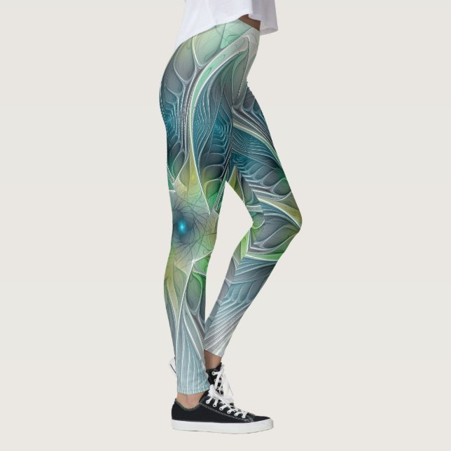 Blühen Fantasy Modern Blue Green Fraktal Blume Leggings (Rechts)