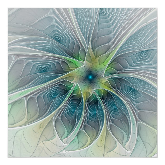Blühen Fantasy Modern Blue Green Fraktal Blume Poster (Vorderseite)