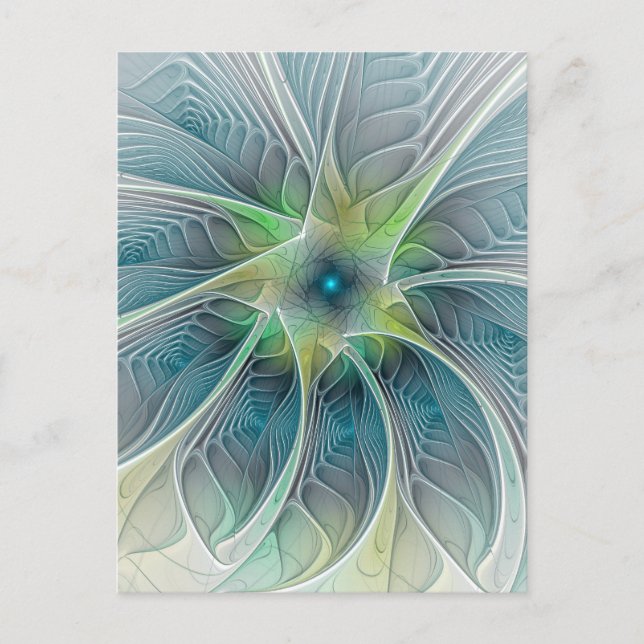 Blühen Fantasy Modern Blue Green Fraktal Blume Postkarte (Vorderseite)