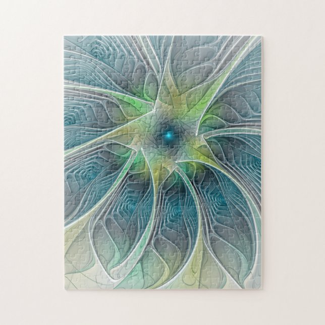 Blühen Fantasy Modern Blue Green Fraktal Blume Puzzle (Vertikal)