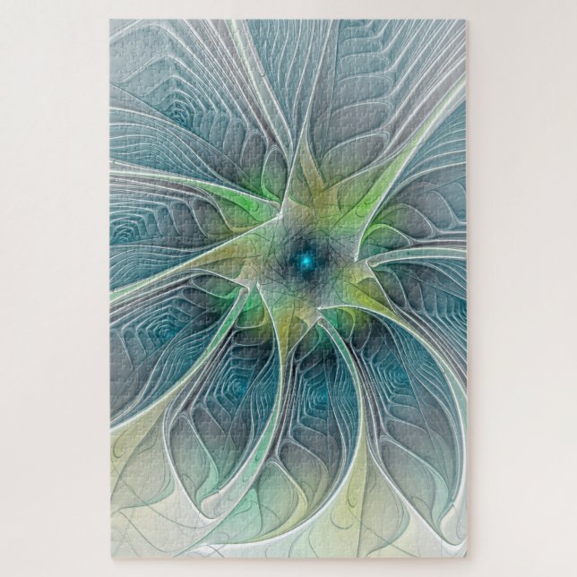 Blühen Fantasy Modern Blue Green Fraktal Blume Puzzle (Vertikal)