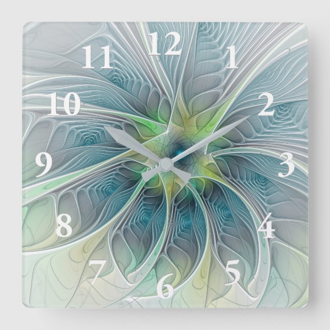 Blühen Fantasy Modern Blue Green Fraktal Blume Quadratische Wanduhr (Vorderseite)