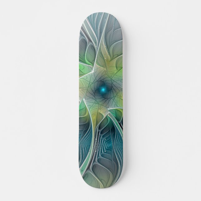 Blühen Fantasy Modern Blue Green Fraktal Blume Skateboard (Vorne)