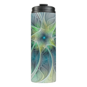 Blühen Fantasy Modern Blue Green Fraktal Blume Thermosbecher