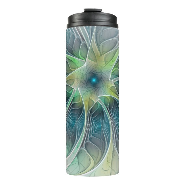 Blühen Fantasy Modern Blue Green Fraktal Blume Thermosbecher (Vorderseite)