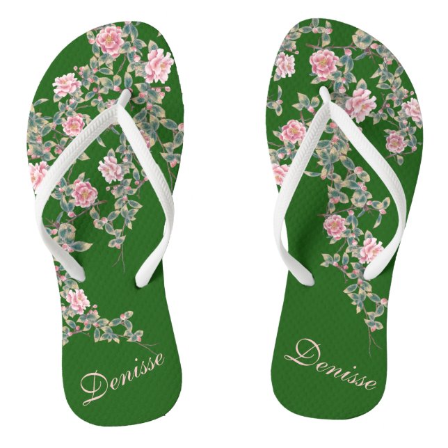 Blühen rosa Blume Personalisiert grün Flip Flops (Fußbett)