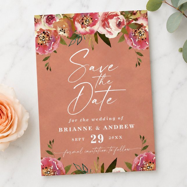 Blühend Chic Rustikale Pfirsich-Blumen-Hochzeitsfo Save The Date (Rustic peach floral save the date cards)