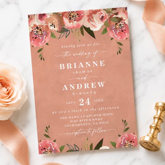 Blühend Chic Rustikale Pfirsich-Blumenhochzeit Einladung (Rustic peach and rose floral wedding invites)