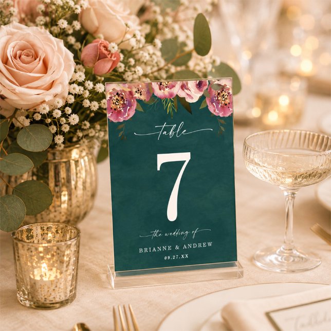 Blühend Chic Tief Teal Grün Florale Hochzeit Tischnummer (Von Creator hochgeladen)